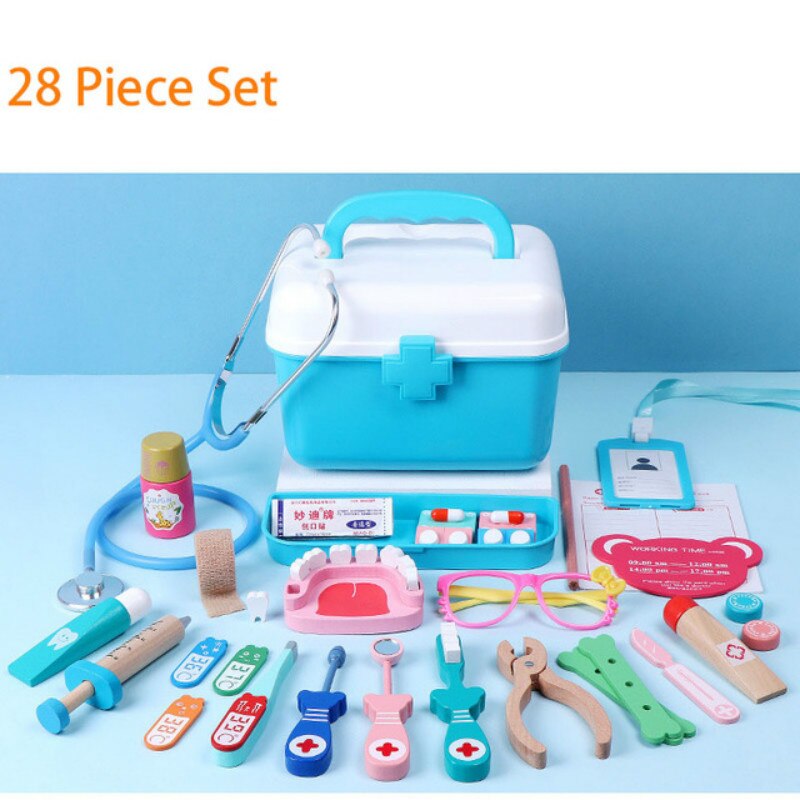 Conjunto de juguetes para médicos para niños, casa de juegos para niñas, simulación de madera de inyección, botiquín, para niños: 28pcs blue
