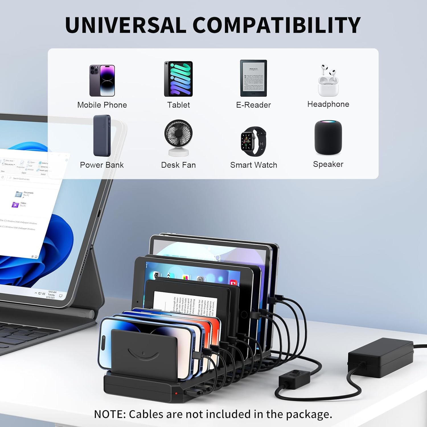60-w -10-- port usb charging station with adjustable dividers, fast charging hub for multiple devices in hotels, shops, schools