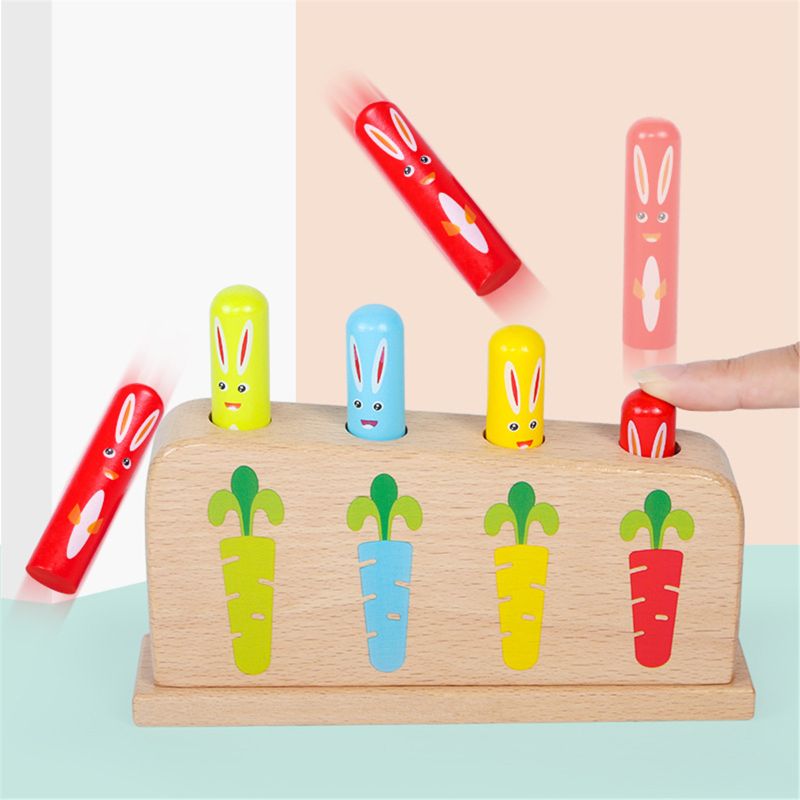 Wood Rabbit Pop_up Toy Tap Bounce Stick Baby Kids Education Toy