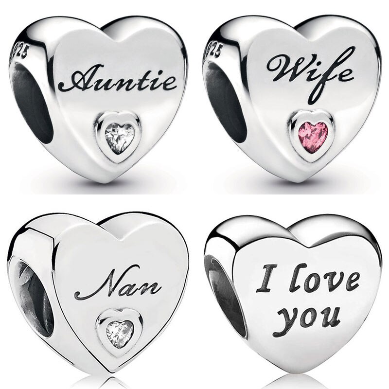 Original Auntie Wif Grandmother Nan Love Heart I Love You Beads Fit Bracelet 925 Sterling Silver Charm Diy Jewelry