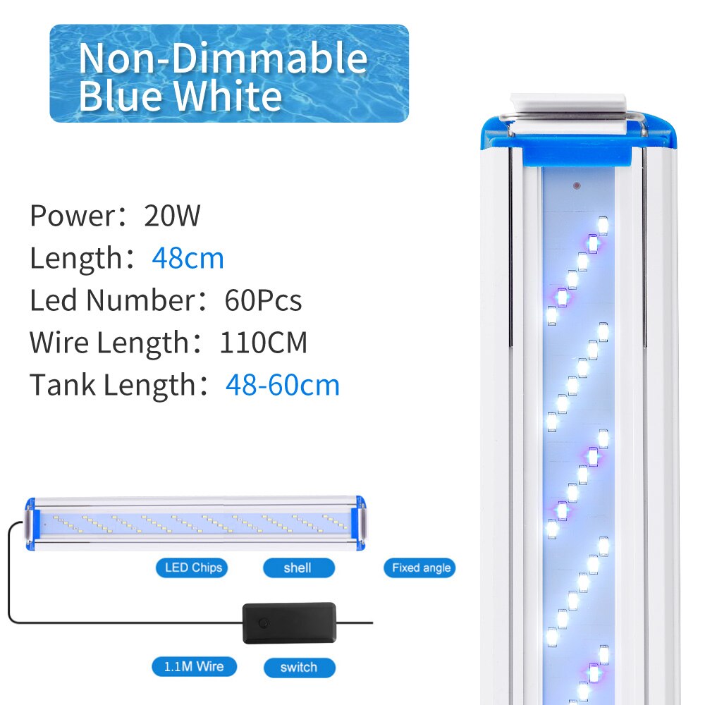 Super Slim LEDs Aquarium Lighting Aquatic Plant Light 18-70CM Extensible Waterproof Clip on Lamp For Fish Tank 220-240V: BlueWhite 48CM