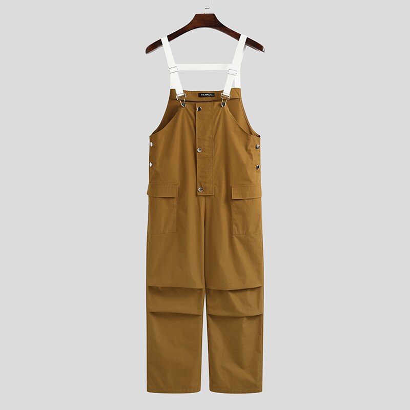 Incerun Mode Mannen Jumpsuit Solid Pockets Joggers Streetwear Knop Bretels Bib Broek Casual Chic Mens Overalls Rompertjes: XXXL / Yellow