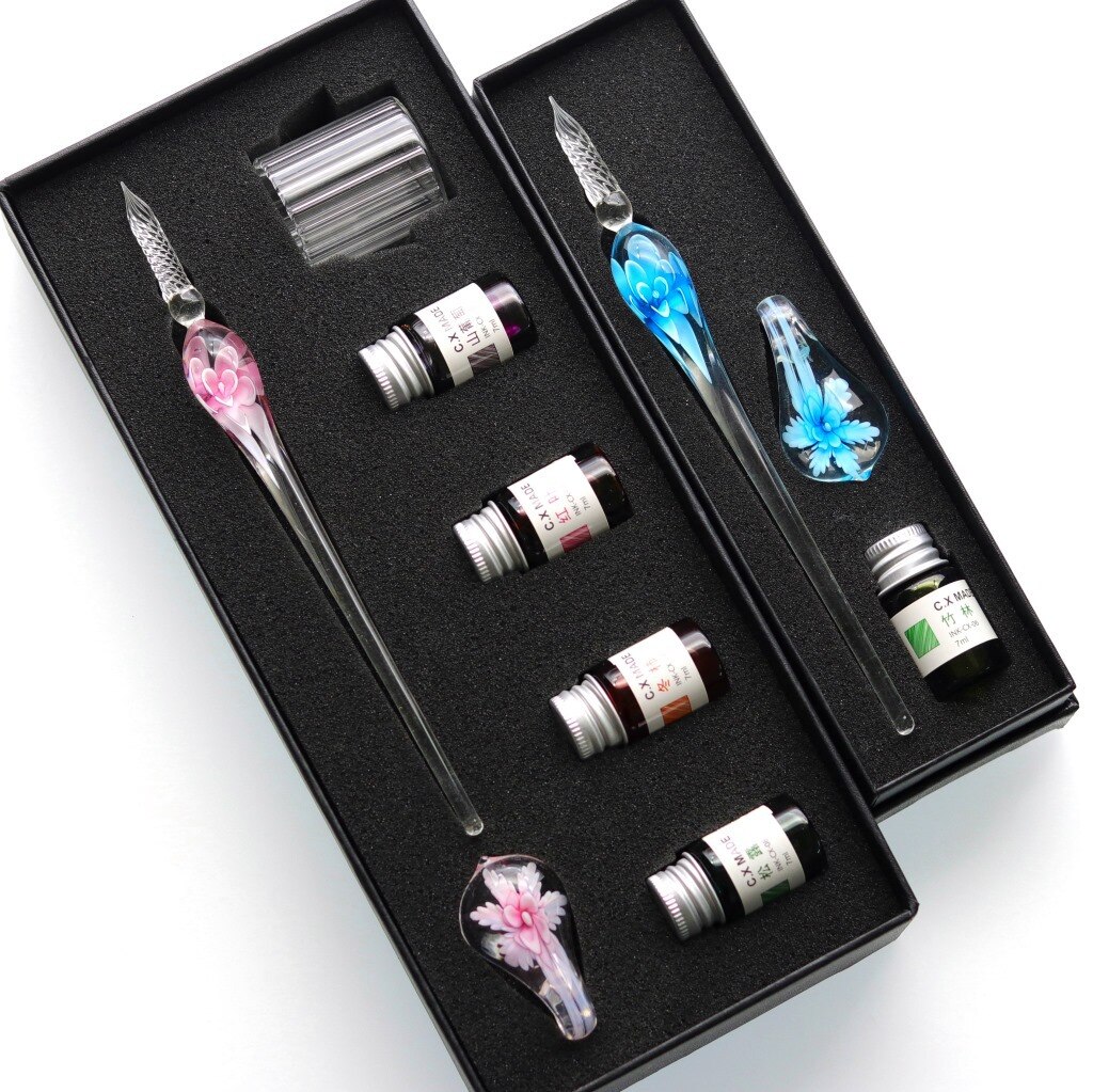 Jugal håndlavet lampwork glas pen blomst mønster gennemsigtig fyldepen guld pastel blæk signatur pen