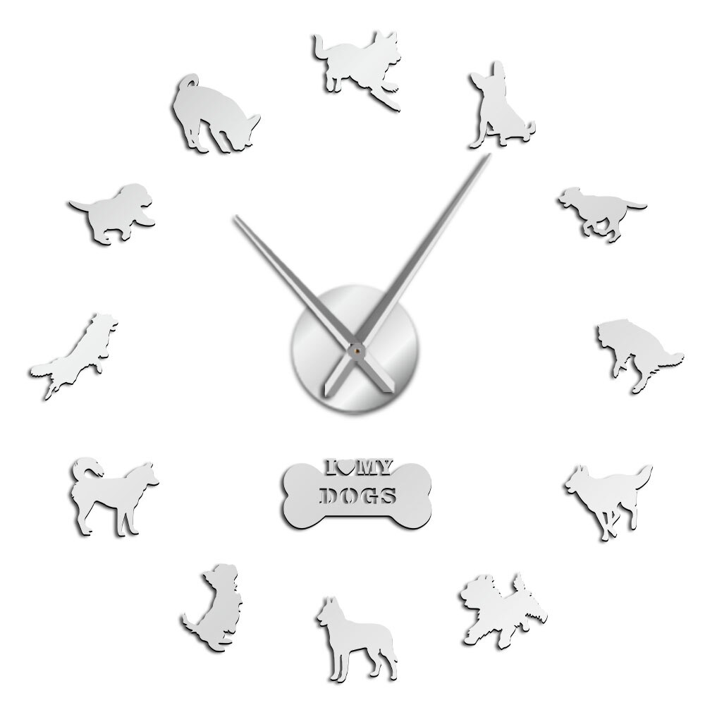 3D Yorkshire Terrier Labrador Siberian Husky Chihuahua Border Colie German Shepherd Mixed Dog Breeds DIY Giant Wall Clock Watch: Silver / 37 Inch