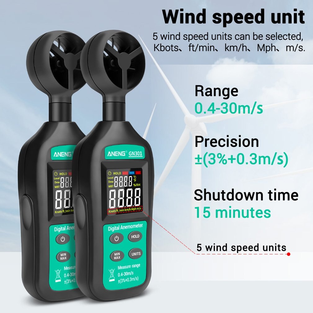 GN301 Digitale Anemometer 0-30 M/s Wind Meter -10 ~ 45C Temperatuur Tester Anemometro Met Lcd Backlight display