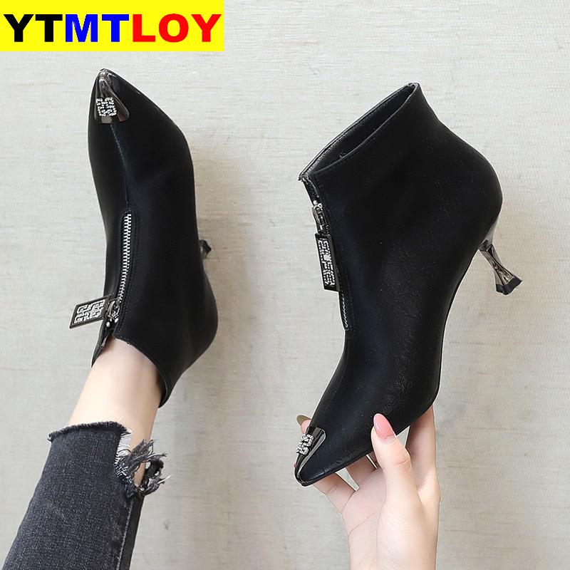 Enkellaarsjes Vrouwelijke Herfst Laarzen Stiletto Hakken Metalen Iron Laarzen Vrouwelijke Winter Plus Fluwelen Size 34-39