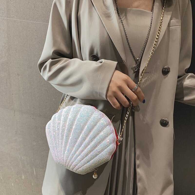 Women Girls Little Mermaid Seashell Purse Cross-Body Shoulder Bags Glitter Sequins Chain Evening Purse, Pink