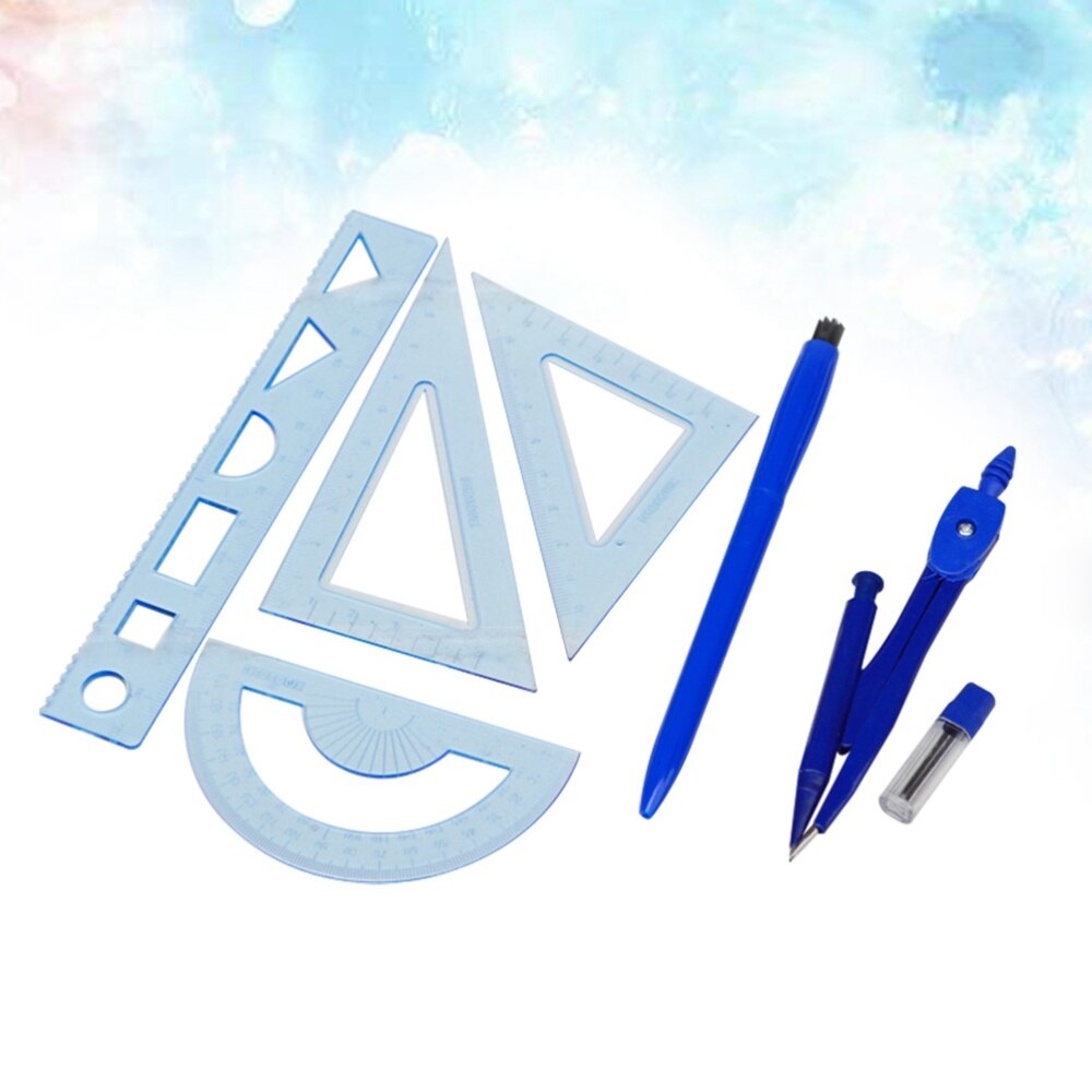 7pcs Compasses Set Geometry Drawing Tool with Protractor Divider Ruler Pencil Set Square(1 Compasses,1 Pen,1 Refill,4 Rulers)