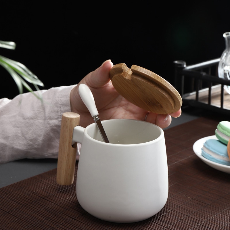 Nordic Style wooden handle Ceramic Cups Coffee Mugs Large capacity mug with spoon lid mug coffee tea cup home office drinkware