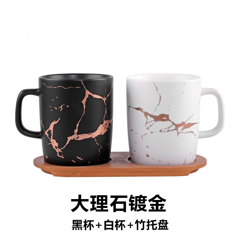 Tasses en céramique japonaise marbre plaqué or | Tasses à café blanc et noir, tasse de petit déjeuner: cup  bamboo tray