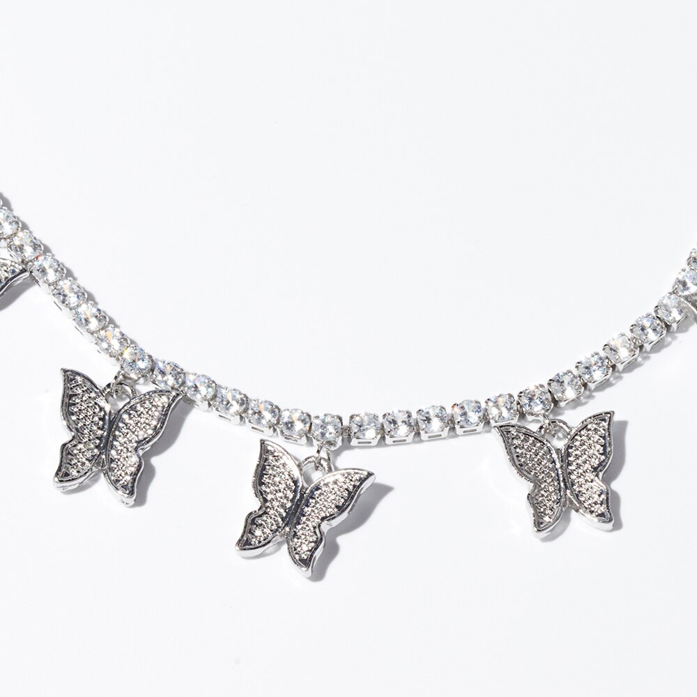 Colliers ras du cou en or blanc pour femmes zircon cubique, pendentif papillon bijoux de fête accessoires de