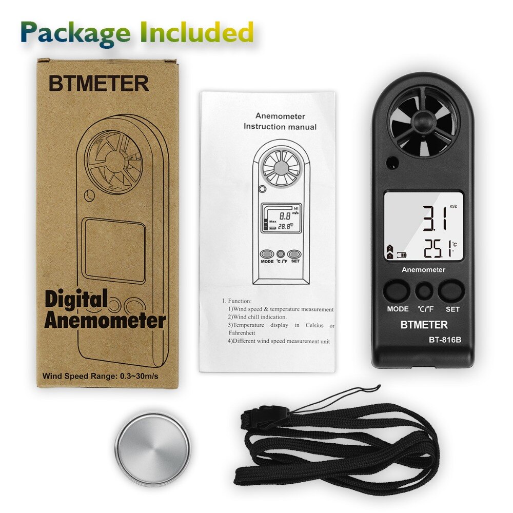 Mini Handheld Anemometer HoldPeak HP-816B with Wind Temperature Measurement and Wind Speed Range 0.3 -30m/s