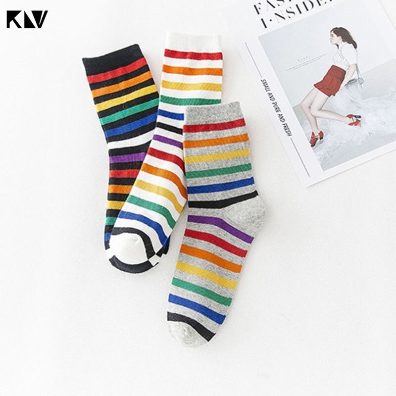 Women Teen Girls Harajuku Rainbow Striped Crew Socks Preppy Style Hip-Hop Skateboard Cotton Novelty Sports Short Tube Hosiery