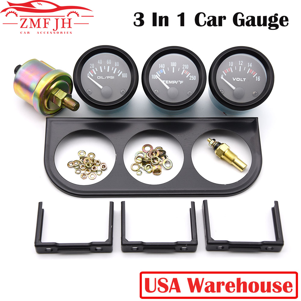 52mm 3 In 1 Auto Car Guage Kit 52MM Black Holder Car Meters Triple Dashboard Meter Voltage+Water Temperature+Oil Press Gauges