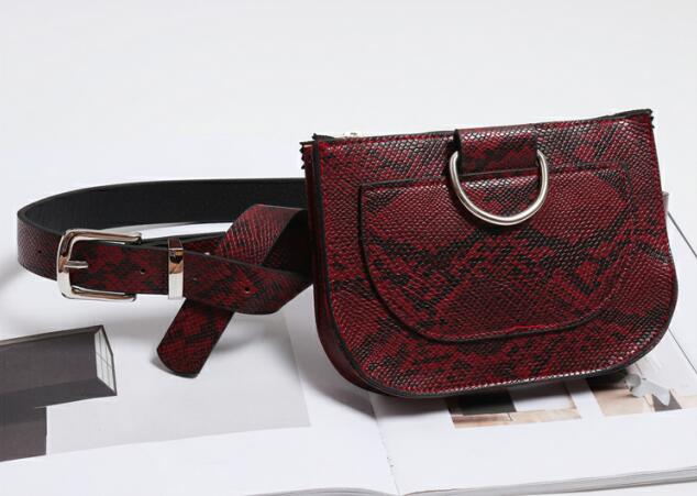 SWDF Women Waist Pack Serpentine Fanny Pack Pu Leather chest Bag Female Snake Skin Belt Bag Female Purse: Red