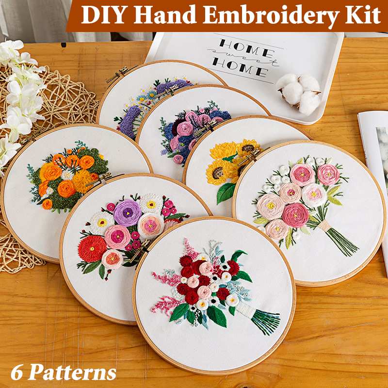 (6 Flower Patterns) Kit DIY Embroidery Handmade Beginner bouquet Needle Set Thread Punch Stitching Knitting Sewing Accessories