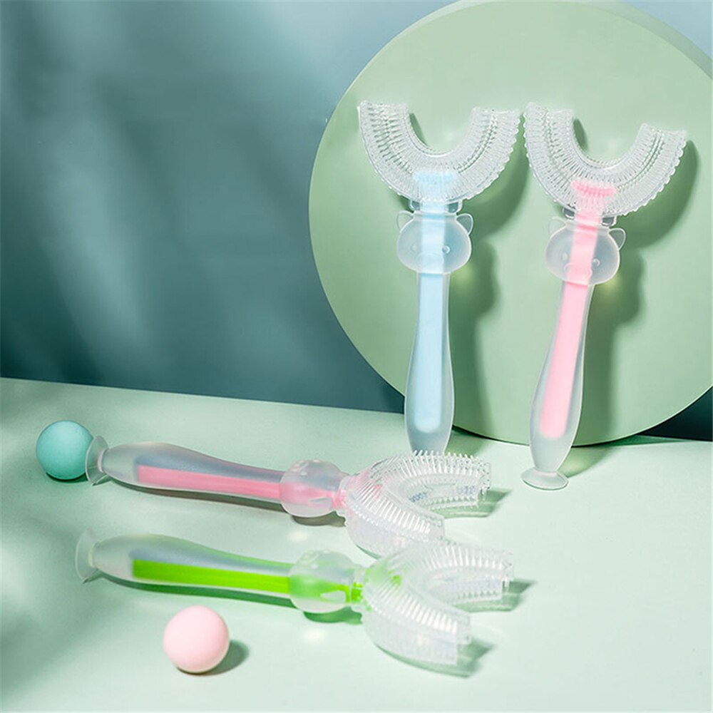 Crianças escova de dentes de silicone escova de limpeza de cuidados orais para crianças idades 2-12 u-forma infantil escova de dentes com alça