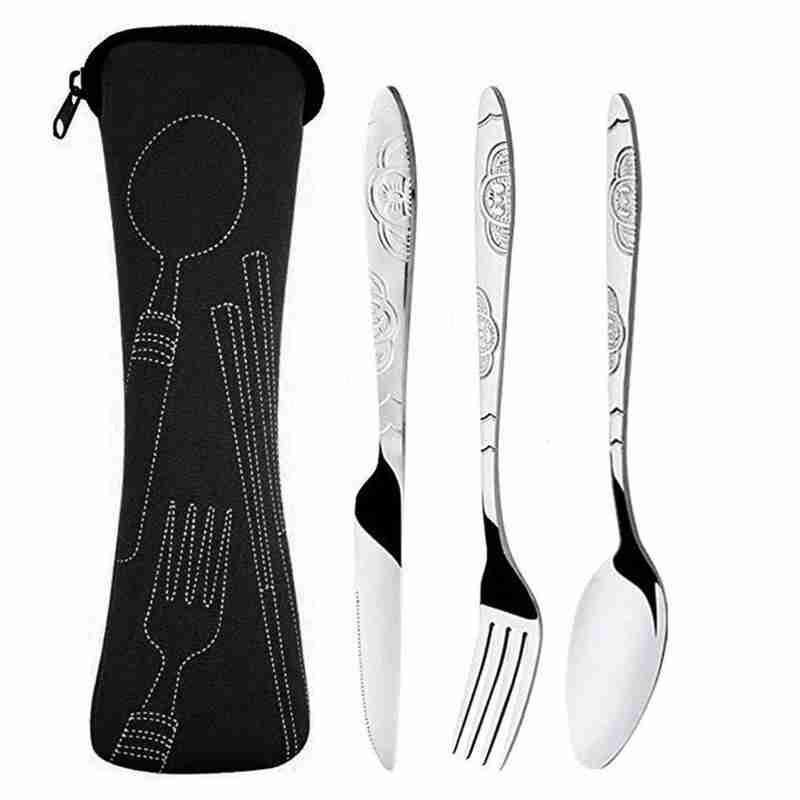 Cuchillos de acero con tenedor y cuchara para viaje familiar, conjunto de cubertería portátil con bolsa de almacenamiento, 4 Uds.: black