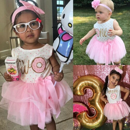 1st 2nd 3rd Third Birthday Donut Polka Dot Dress Girls Toddler Outfits Tutu Dresses Princess Party Dress