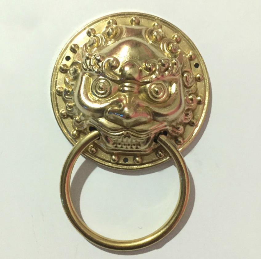 Timbre de puerta antiguo chino Dia 9,8 cm antiguo de cobre puro León cabeza puerta manija Puerta de cajón tirador de puerta Puerta de puerta manija de la puerta: golden / 2 pcs