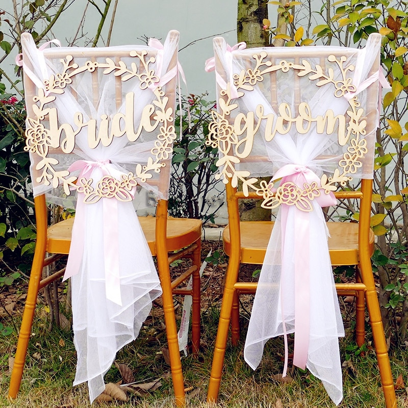rustic wedding wooden chair sign garland shape wedding chair sign bride and groom table decoration