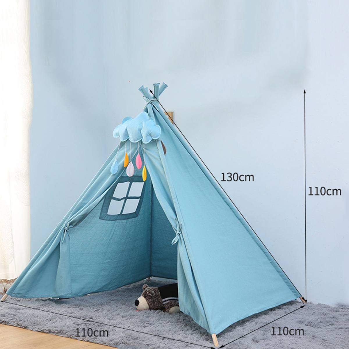 1.3m-Large Canvas Teepee Tent Kids Teepee Tipi with Grey Pom Poms Indian Play Tent House Children Tipi Tee Pee Tent NO MAT: Blue