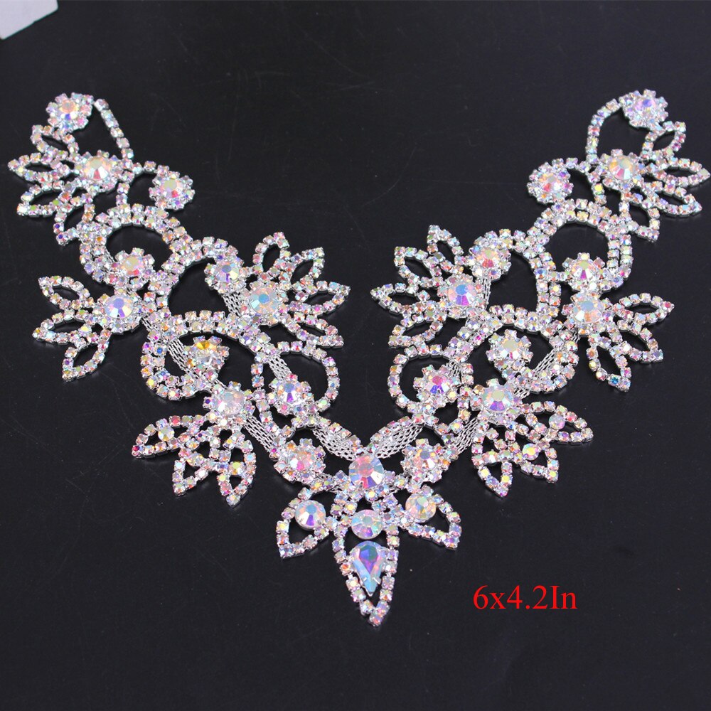 Luxury Handmade Neckline AB Rhinestone Applique Fancy Clothes Flower Applique for Wedding Dress Headband Garter Garment Jewelry: Silver AB6.4.2In