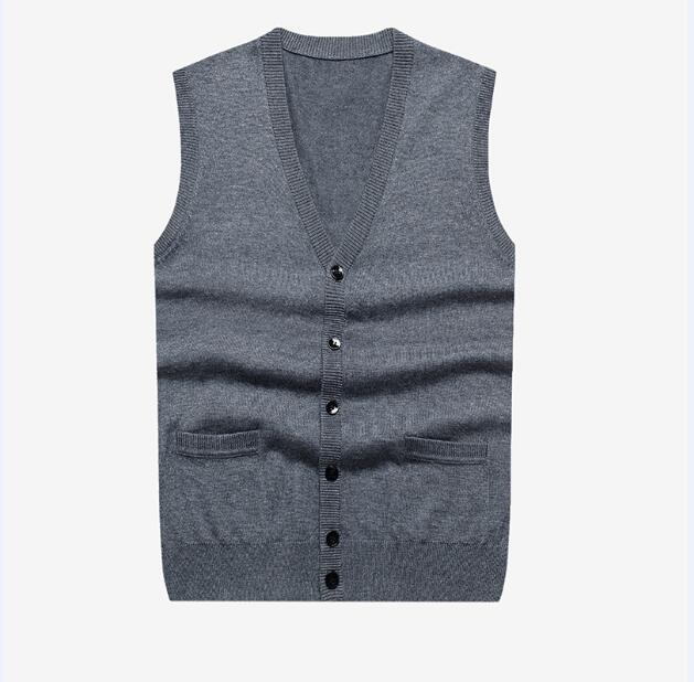 Cardigan sans manches en laine tricotée pour homme, couleur unie, simple boutonnage, gilet en cachemire: GRAY / XL