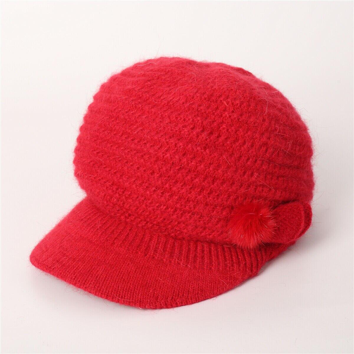 Strikket visir hat bowknot pom pom kvinder vinter hatte til kvinder beanie piger skullies motorhjelm femme snap tilbage varm kanin uld hat: Rød
