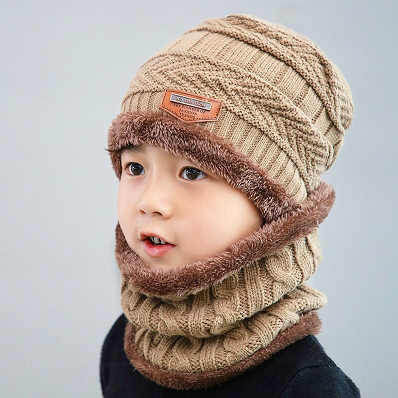 Børns bomuldshue tørklæde pil mønster strik hatte dreng afslappet varm hovedbeklædning plus fløjl fortykkende hagesmæk baby løs: Khaki