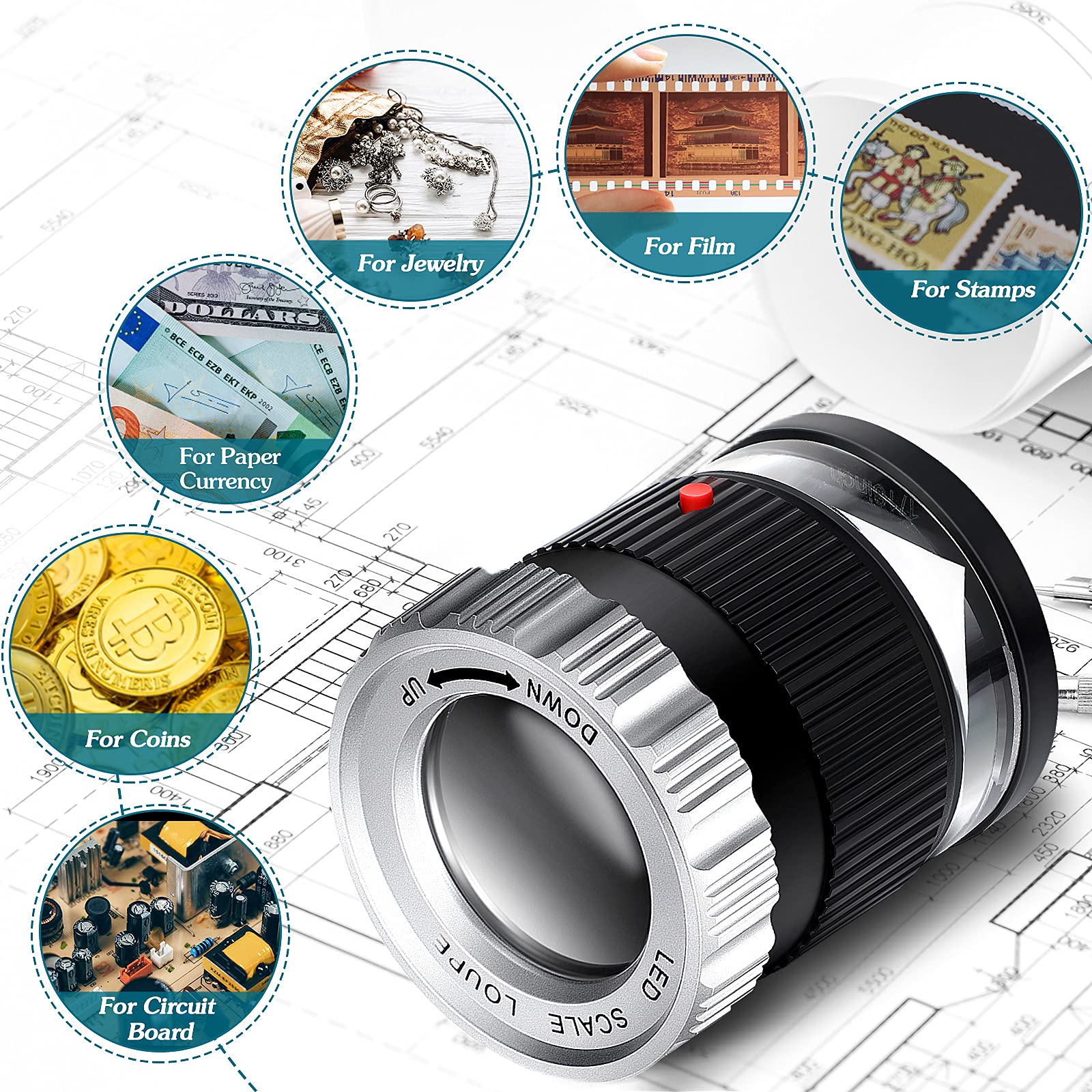 Lupa de bolsillo 30X con escala, Lupa iluminada con luz LED UV, Lupa HD Focal ajustable, herramienta de joyería, Lupa de lectura