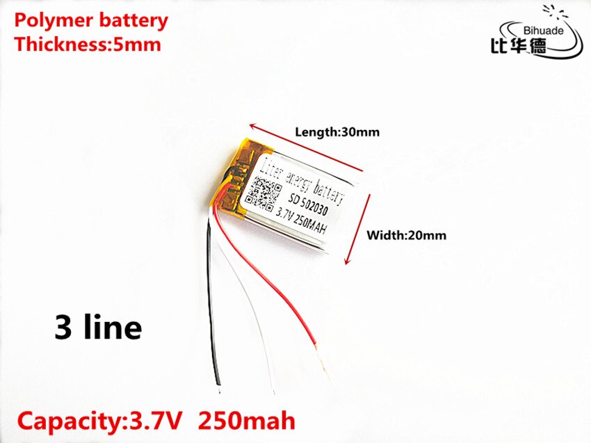 10 stks/partij 3 lijn Goede Qulity 3.7 V, 250 mAH, 502030 Polymeer lithium-ion/Li-Ion batterij voor SPEELGOED, POWER BANK, GPS, mp3, mp4