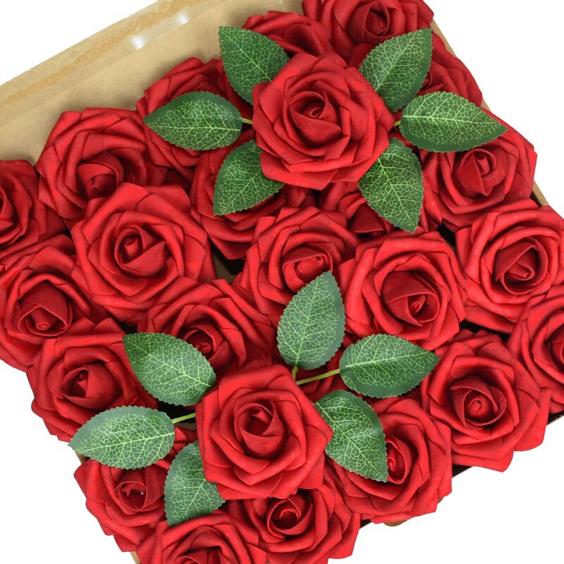 25 Pièces/boîte Mousse Artificielle Rose Fleurs avec des Feuilles Bouquets De Mariée De mariage De Décoration De Jardin de Partie Fausse Fleur BRICOLAGE Artisanat: red