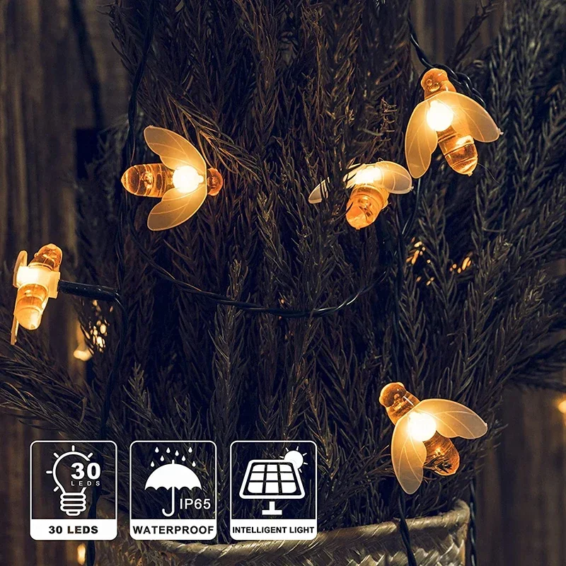 Solar-Bienen-Lichterkette für den Außenbereich, Lichterkette, Weihnachtsgirlande, 8 Modi, wasserdichtes Terrassenlicht für Gartenparty-Dekoration