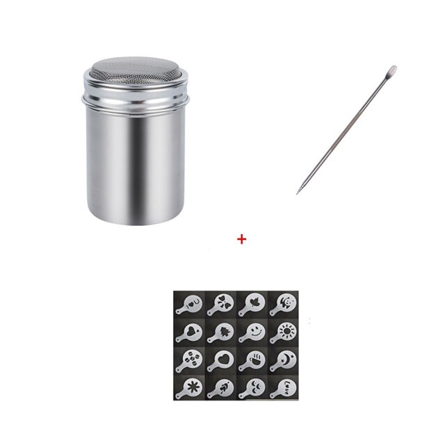 Roestvrijstalen Shaker Met Deksel Chocolade Hagelslag Voor Cappuccino Suiker Cacao Met 16 Koffie Stencil Koffie Pull Pin: Default Title