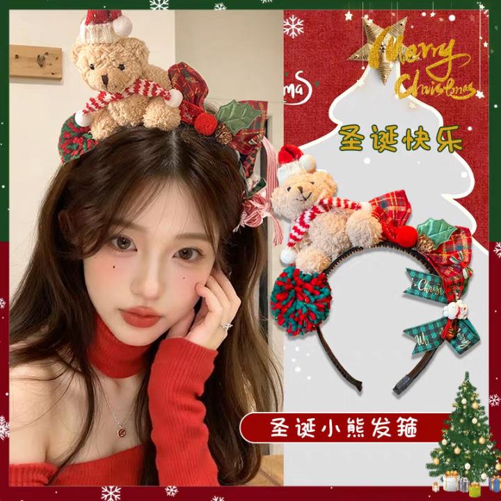 Opaska świąteczna z kokardkami w kształcie misia, opaska do włosów na Boże Narodzenie 2025, pluszowa opaska z kreskówkowym zwierzęciem, prezenty na Nowy Rok dla dziewczynek