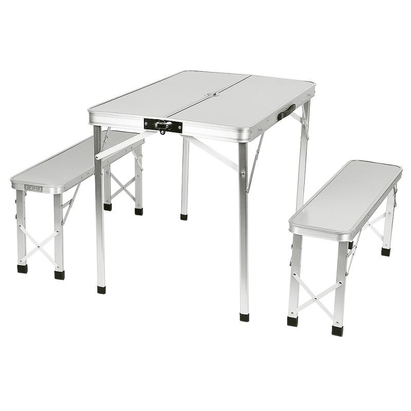 Udendørs klapbord sæt 2 bænk aluminiumsstole camping picnic bord vandtæt ultralet slidstærkt havemøbel sæt hwc: Sølvhvid