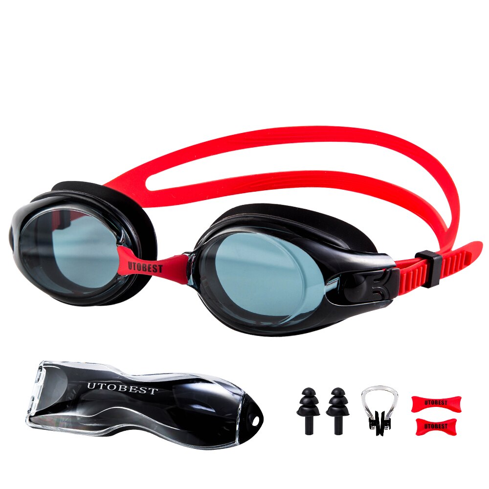 Svømningsbriller voksne vandtætte svømme silikone anti-tåge belagt vand diopter justerbar svømmebriller pool gla: Rød