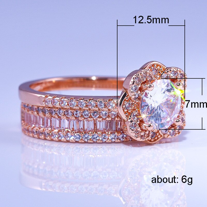 Luxe Vrouwelijke 925 Zilveren Kristallen Zirkoon Ring Set Vintage Rose Gouden Trouwringen Voor Vrouwen Bloem Bridal Engagement Ring
