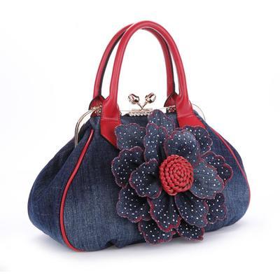 Brand 3D denim roses flowers shoulder bag embossed Beautiful Women Casual handbag girl messenger bags dress Vintage Bag: red