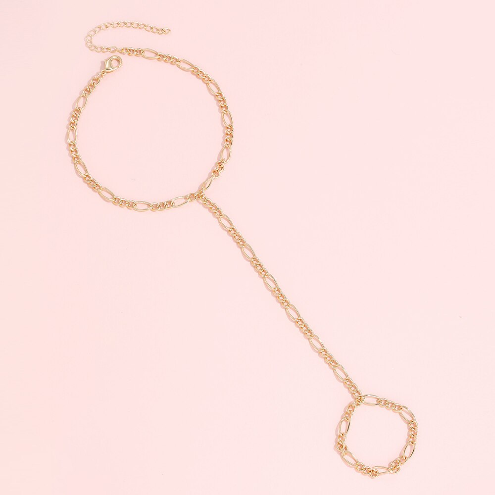 Prosty łańcuch Figaro połączyć palec pierścionki bransoletka z pierścionkiem bransoletki dla kobiet moda złoty kolor bransoletki i bransoletki biżuteria hurtowych