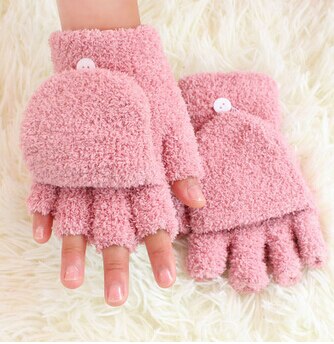 Kids Gloves Baby Girls Coral Velvet Dual-use Clamshell Half Finger Gloves: pink