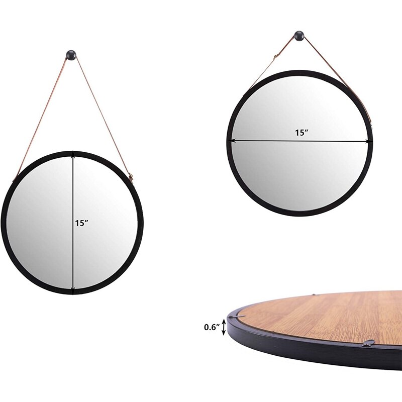 Miroir mural rond suspendu dans la salle de bain et la chambre - cadre en bambou massif et sangle en cuir réglable (noir , 15 pouces)