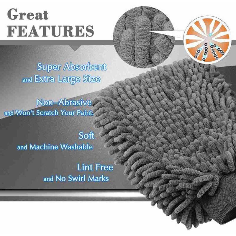 Gant de lavage de voiture grande taille-gant de lavage en microfibre Chenille Premium et serviettes en microfibre-non pelucheux-sans rayures (2X serviettes +