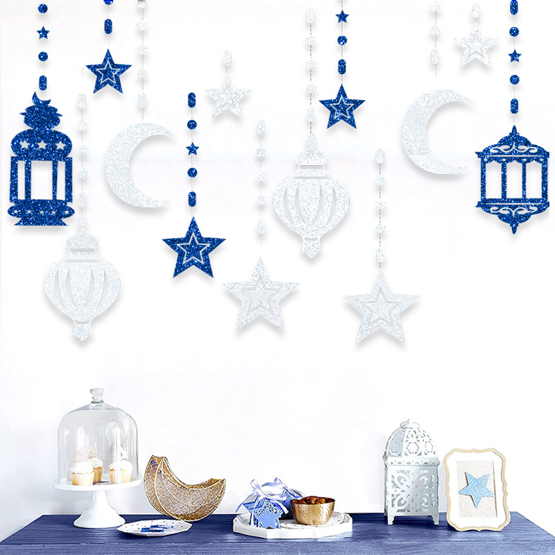 EID Mubarak Swirl Banner Star Moon Ceiling Hanging Ornament Ramadan Kareem Decoration for Home Islam Muslim Party Supplies: Light Grey