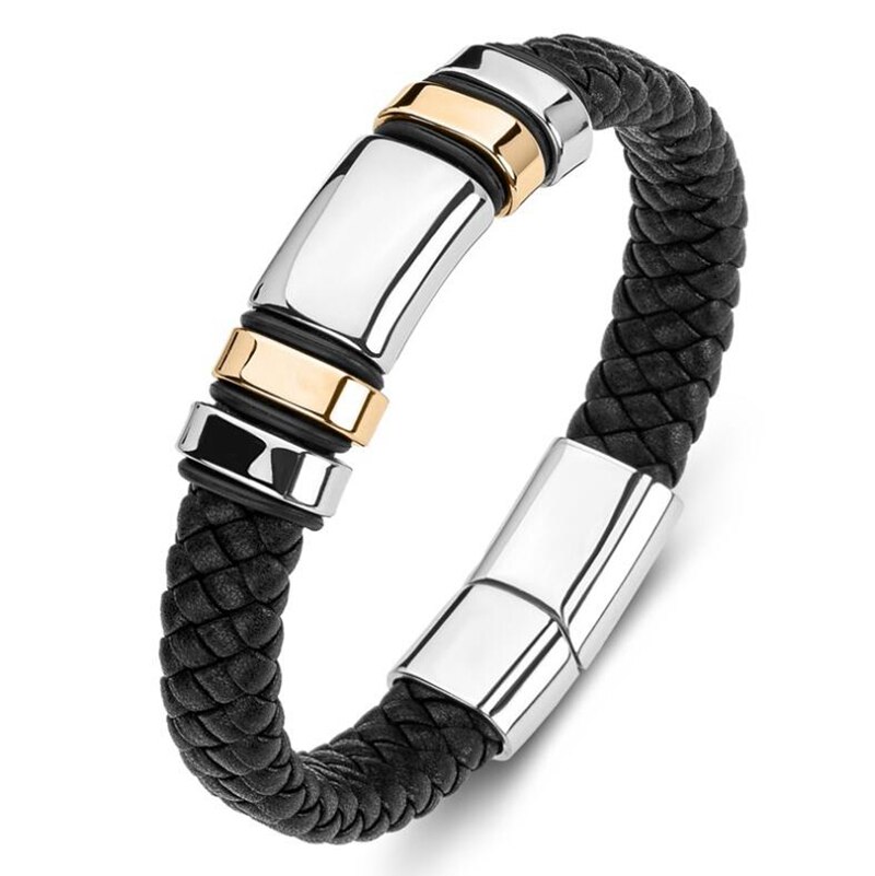 Trend preto tecido couro envolto pulseira metal fecho magnético para homem jóias casuais