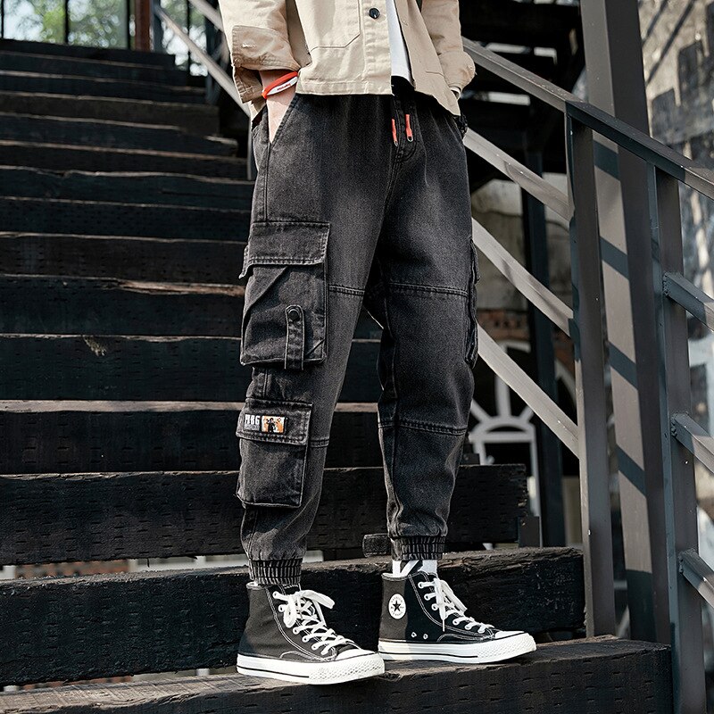 Pantalones vaqueros cargo estilo urbano de idopy para hombre, con puños en los tobillos, estilo hip hop, con múltiples bolsillos, estilo joggers de mezclilla, talla grande m -4xl