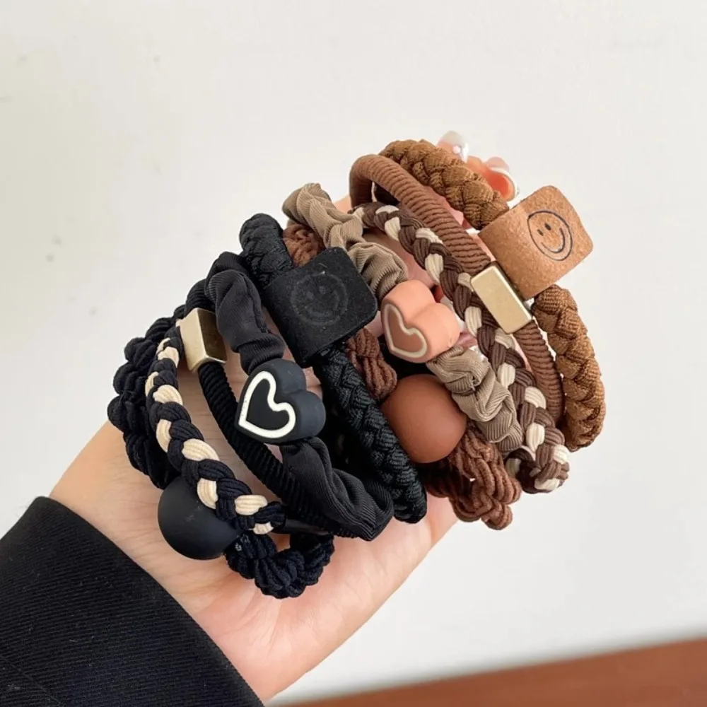 5pcs/Set Simple Heart Ball Charms Scrunchie No Damage Elastic Braided Hair Ties Ropes Women Girls Ponytail Holder Rubber Bands