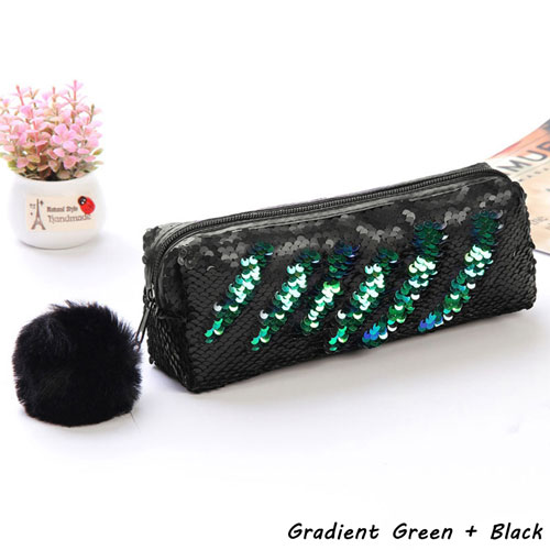 Estuche para lápices con lentejuelas para niñas, material escolar, estuche para lápices con bolas de pelo, caja de lápices Estuche para escolar: Green plus Black