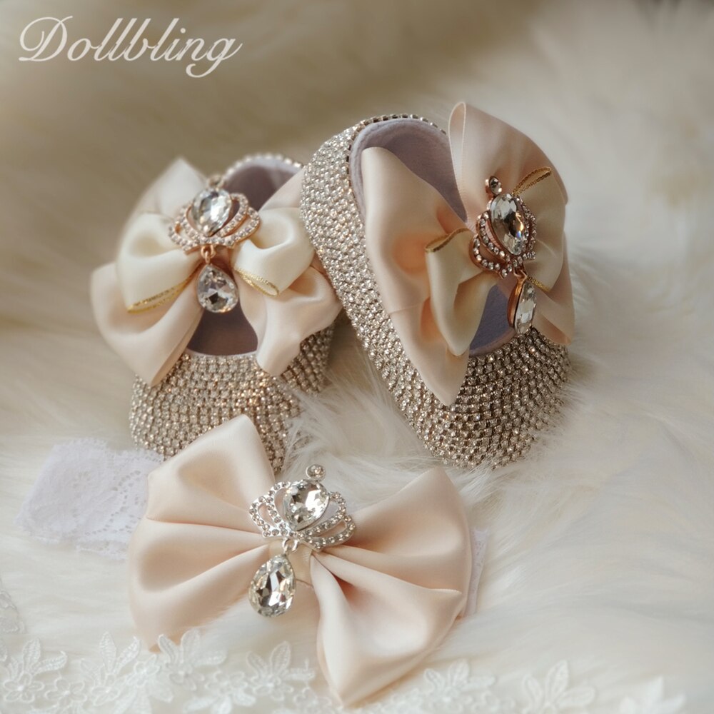 Dollbling Barokke Glam Meisje Eerste Wandelschoenen Golden Crown Exotische Bohemen Unieke Bling Prachtige Strass Baby Wieg Schoenen